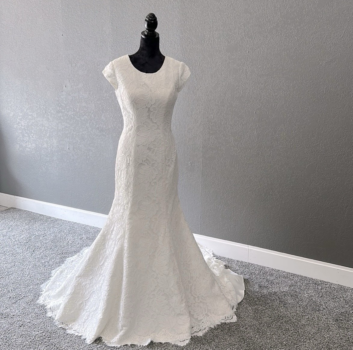 Carrafina Ivory Lace Mermaid Cap Sleeve Scoop Neck Wedding Dress Size 12
