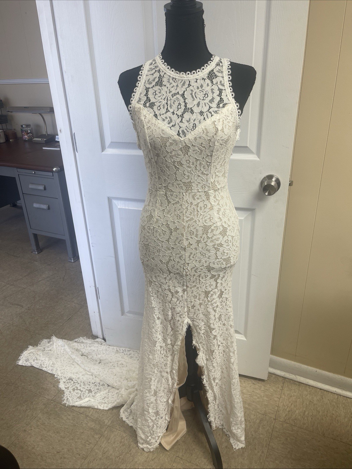 Lulu’s Wedding Bridal Everlasting White Floral Lace Mermaid Maxi Dress XS Train