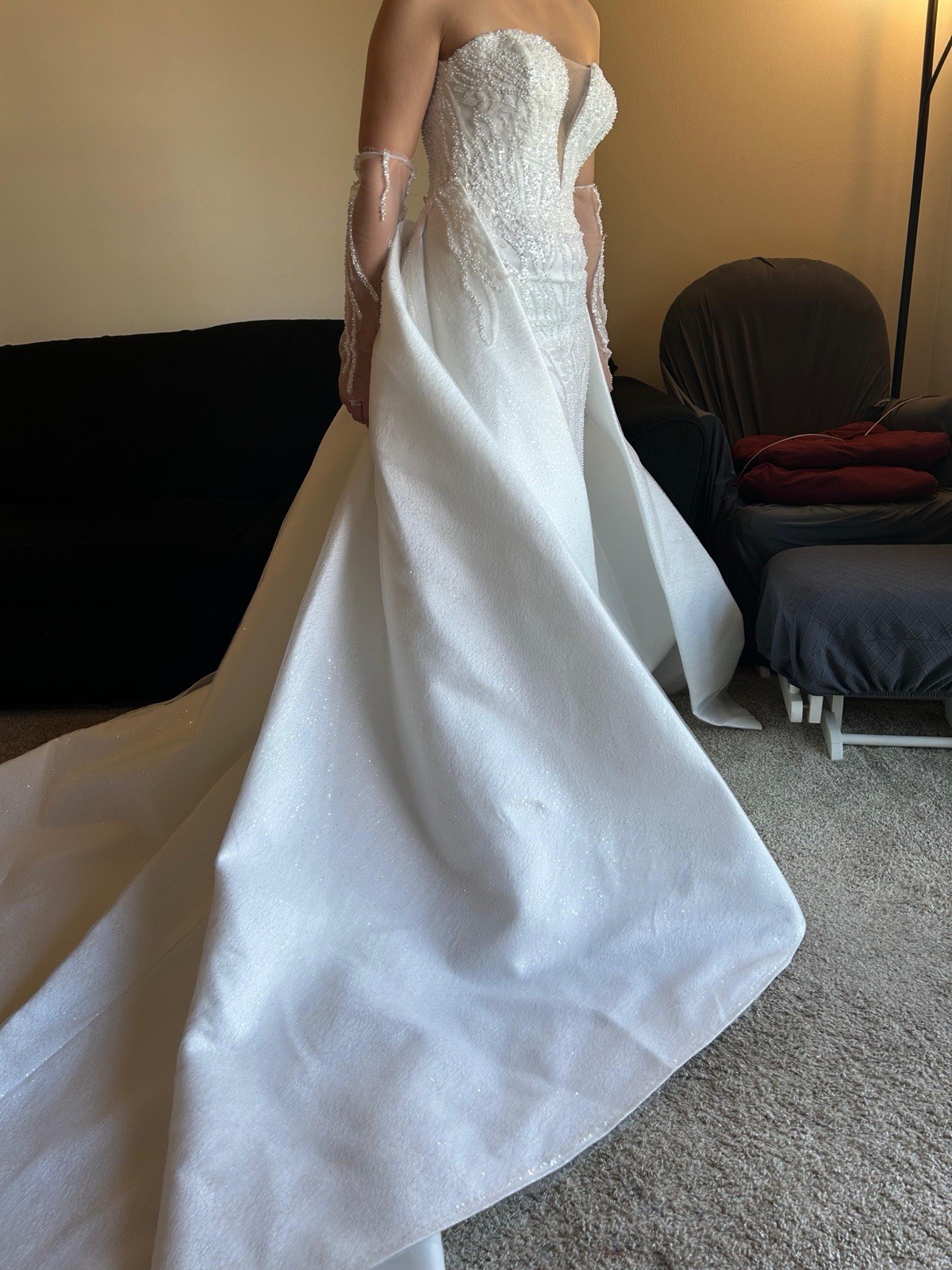 Handmade White Beaded Lace Fit and Flare Wedding Dress Plunge Neck Train Corset
