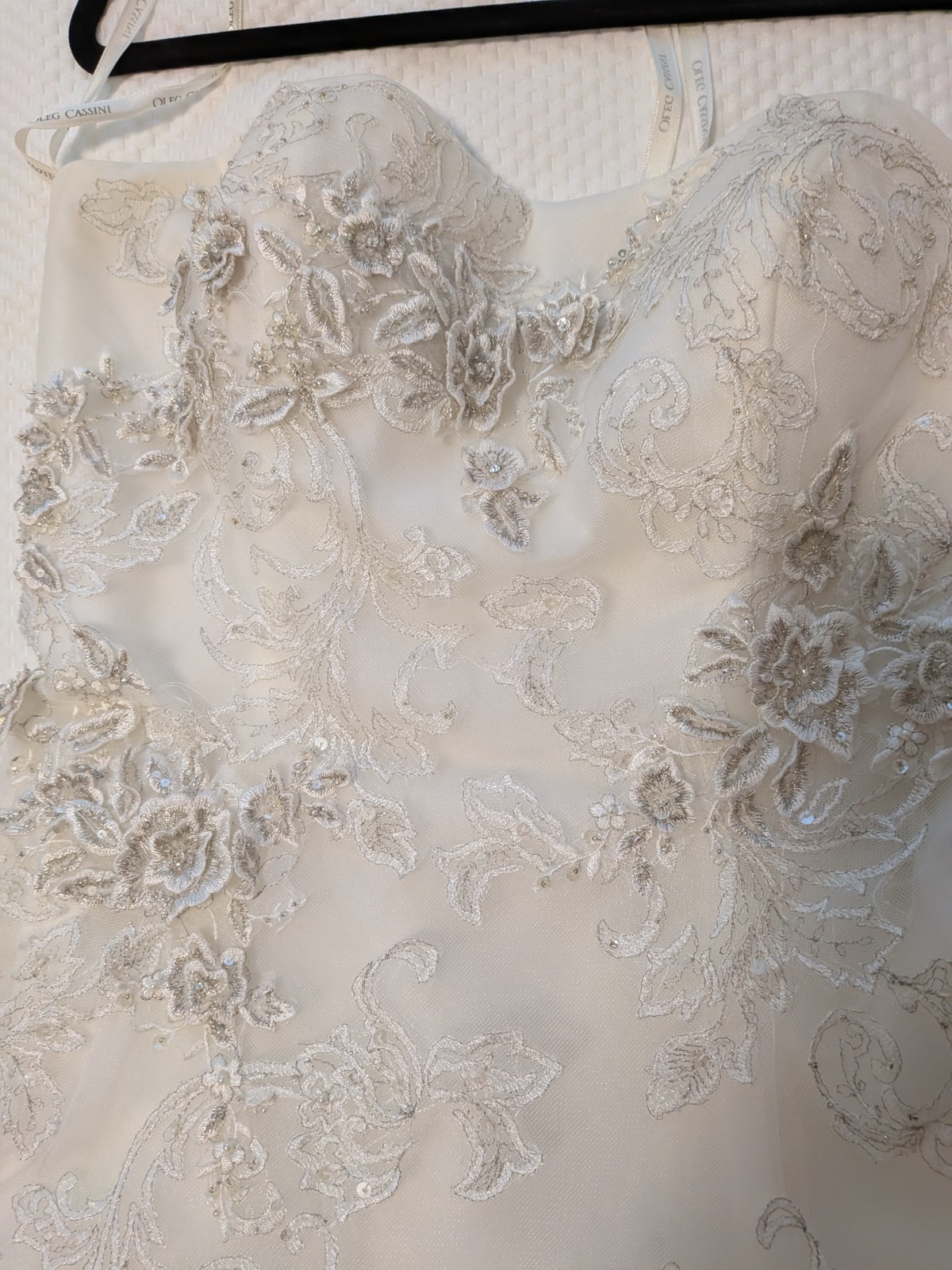 Oleg Cassini Tea Length Wedding Dress, Ivory, Size 10, Beaded Details