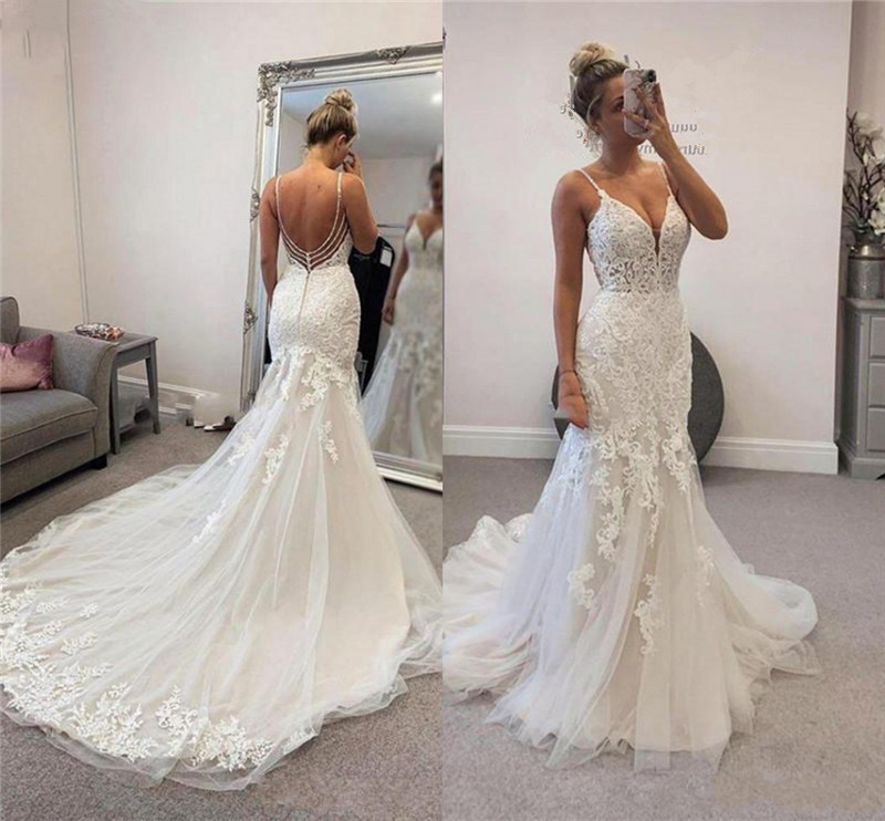 Beach Wedding Dresses Backless Sexy Mermaid Lace Spaghetti Straps Bridal Gowns