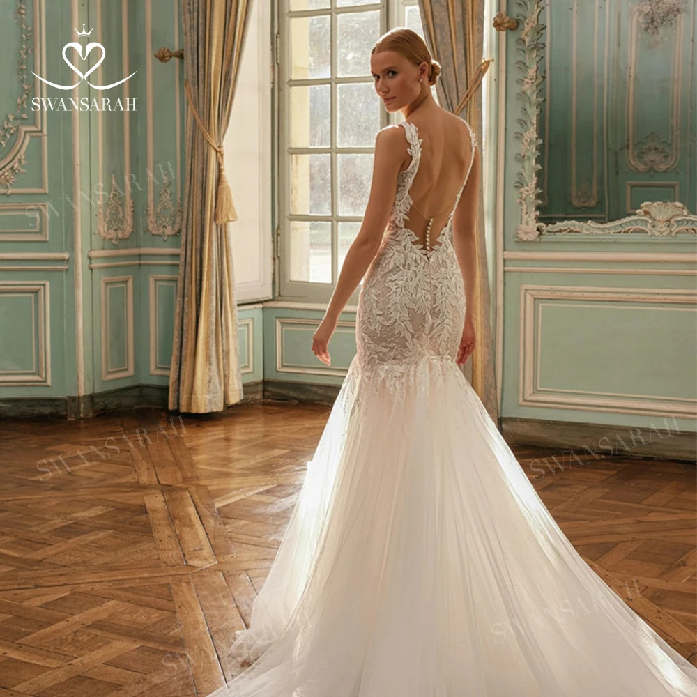 Sleeveless Mermaid WeddingDress Vneck Open Back AppliquesLace Princess BrideGown