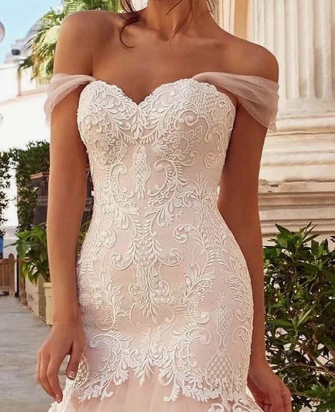 Ivory Off-Shoulder Portrait Lace Mermaid Wedding Dress w/ Train Corset Back