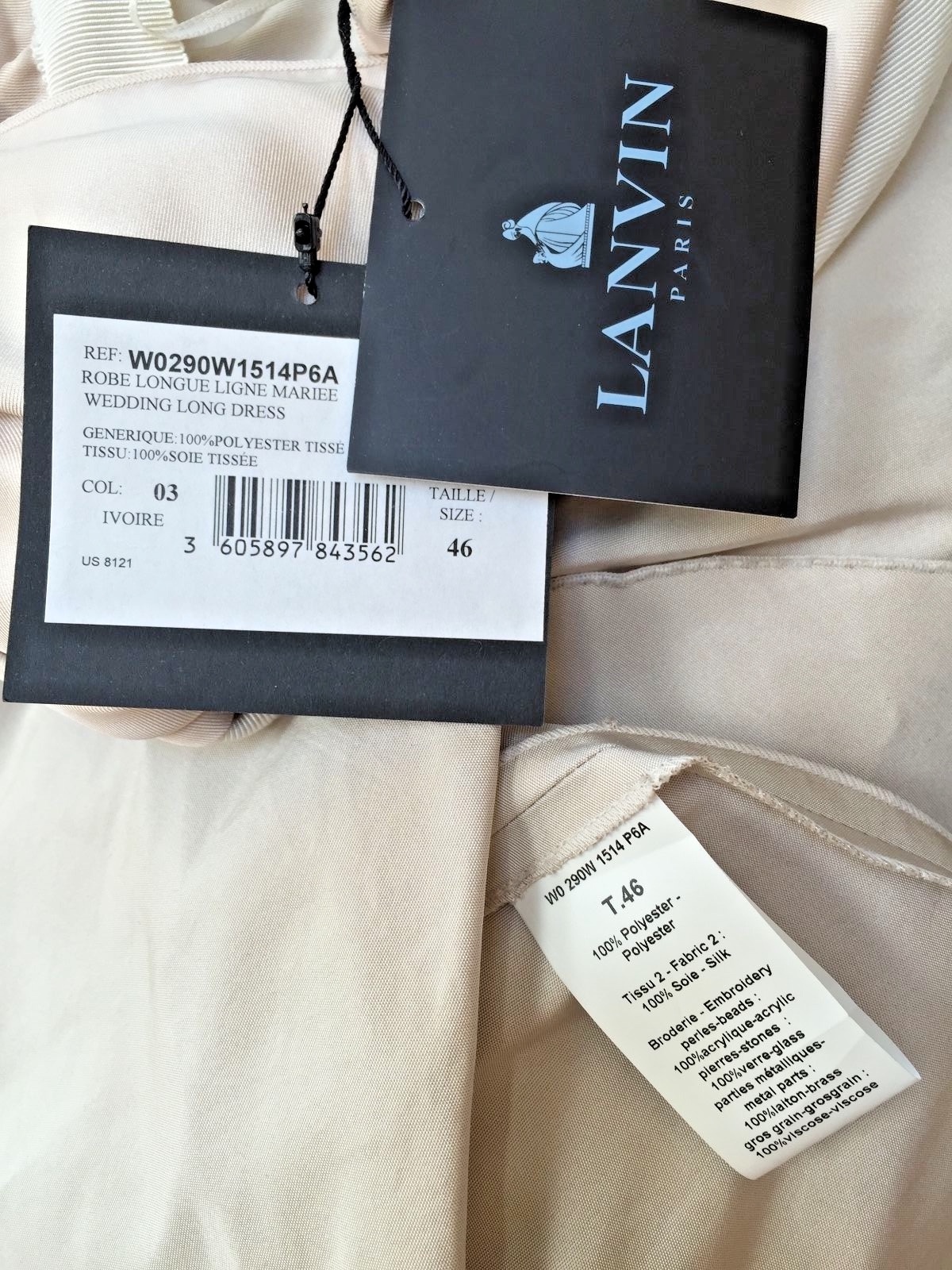 NWT LANVIN Paris $5500 Wedding Dress Ivory Silk Crystal US 12 Fr 46 Gown France