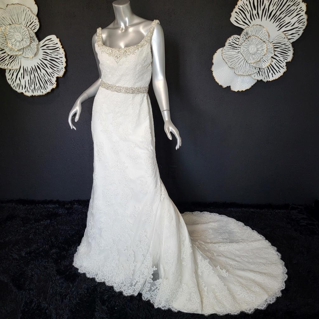 NWT~$1355~MORILEE~SZ 6/8~IVORY EMBELLISHED FIT & FLARE WEDDING DRESS GOWN