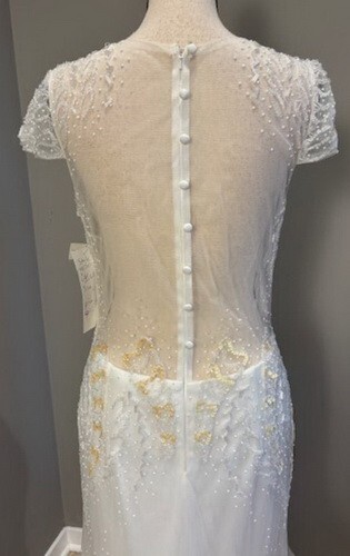 Off White Beaded Sequin Pearl Illusion Tulle Ruffle Wedding Gown Size 14 $499