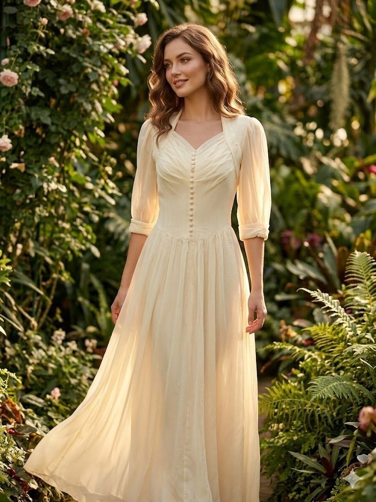 Vintage 1940s Wedding Dress Off White Chiffon Sheer Sleeve Sweetheart Neckline M