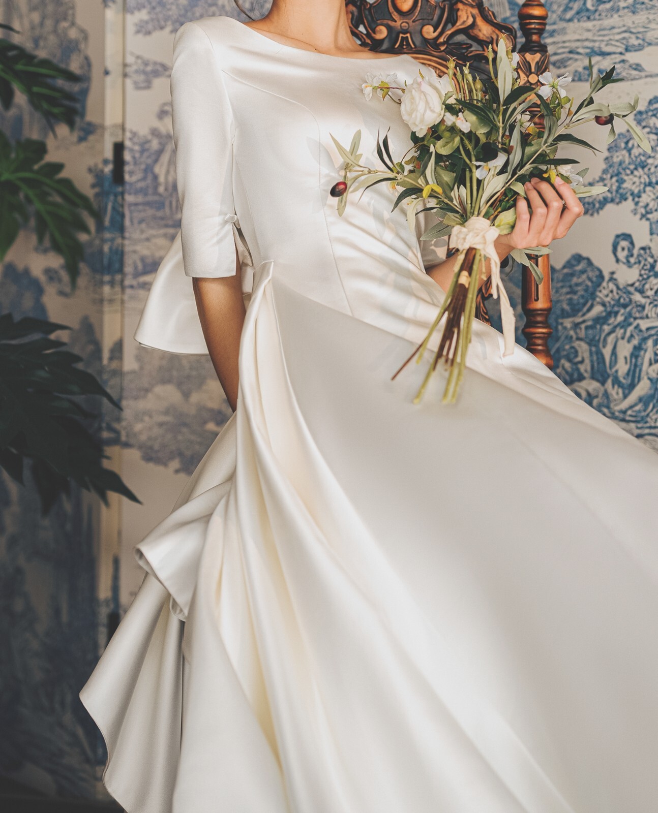 Ashley – bow back 3/4 sleeves boat neck A-line wedding dress.
