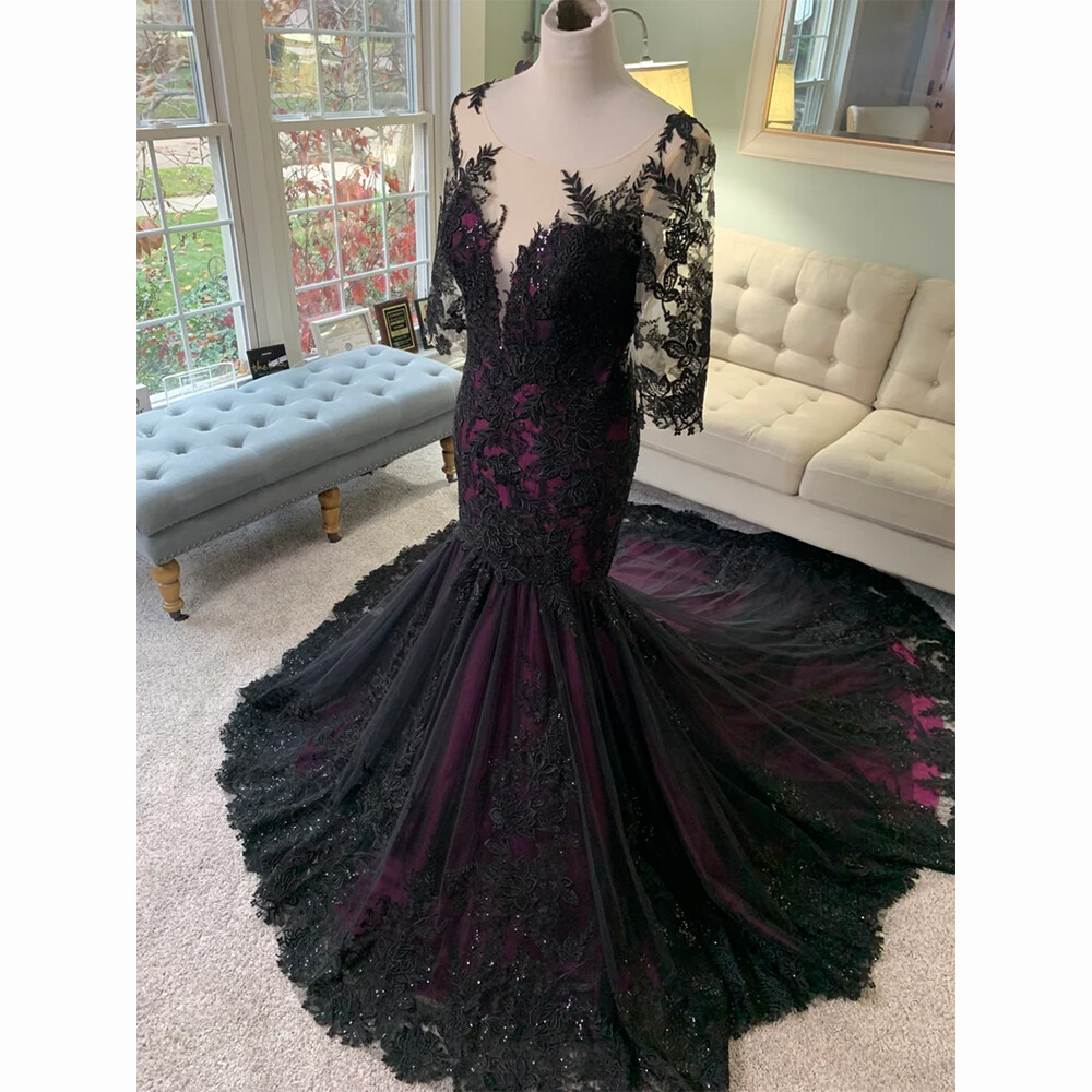 Black Purple Gothic Mermaid Wedding Dresses with Sleeves Sequin Lace Bridal Gown