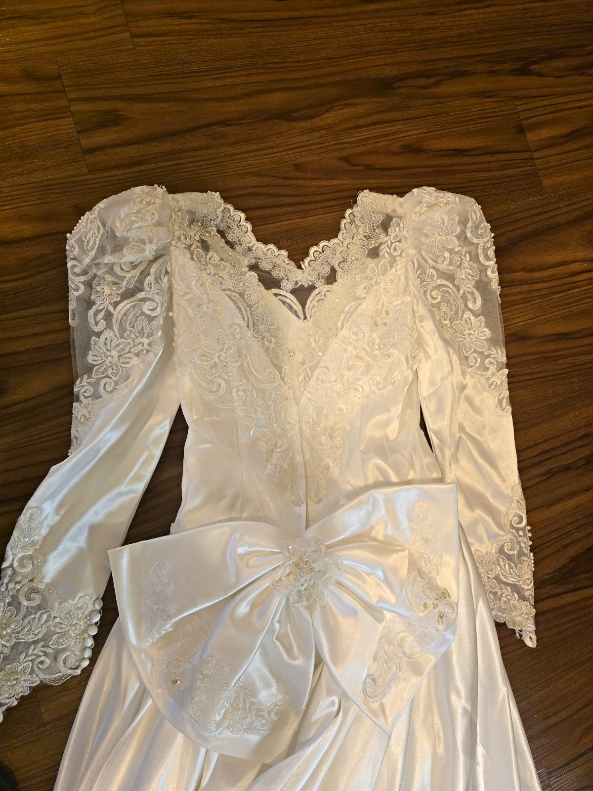 Mary’s White Satin Lace Beaded Bow Long Sleeve V-Neck A-Line Wedding Train