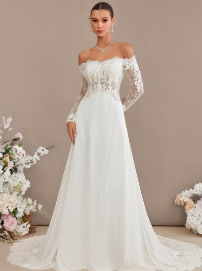 Wedding Dress A-Line Off The Shoulder Court Train Lace Chiffon Bride Dress NWT