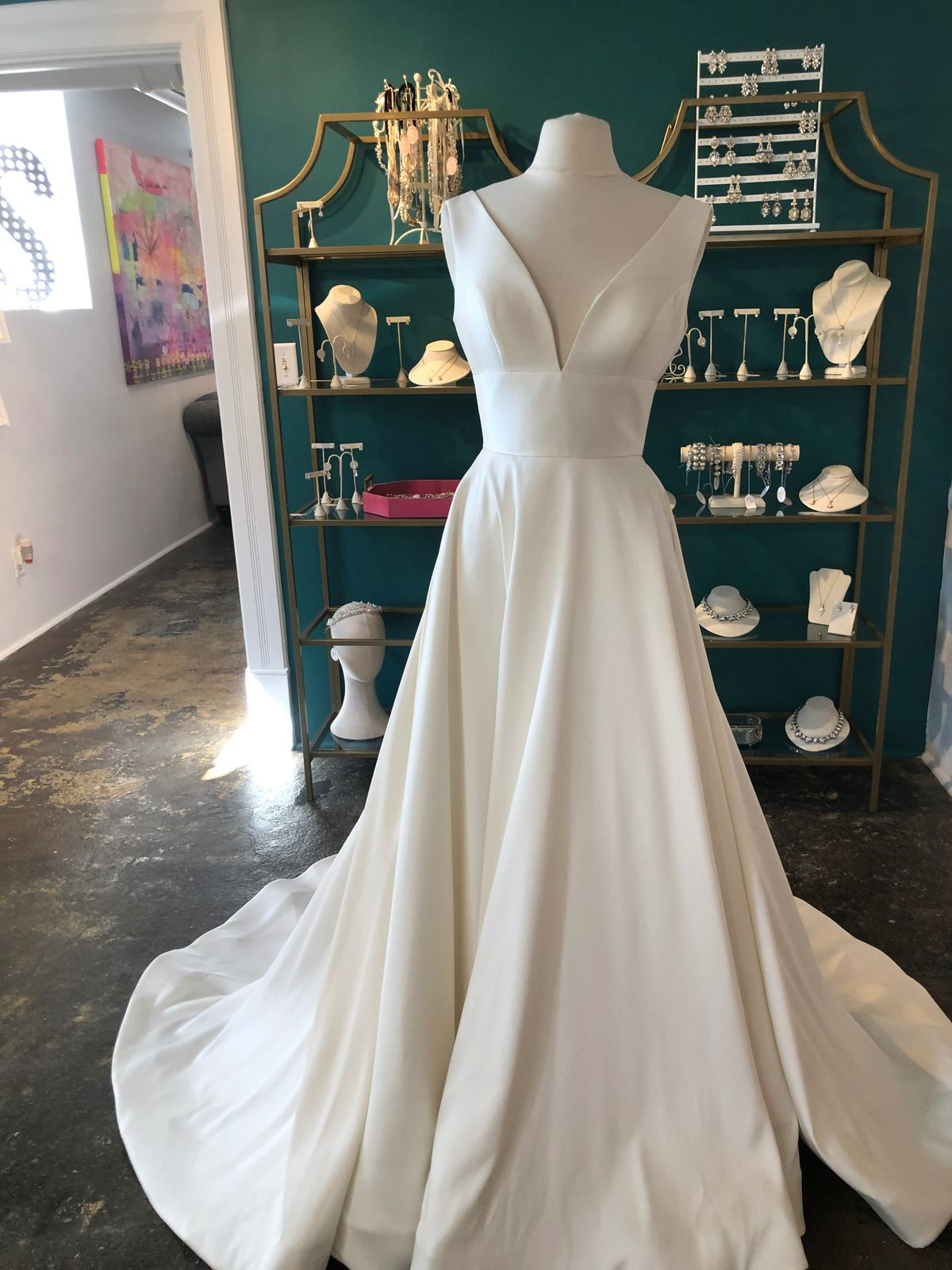 Simple Wedding Dresses V Neck Satin A Line Sweep Train White Ivory Bridal Gowns