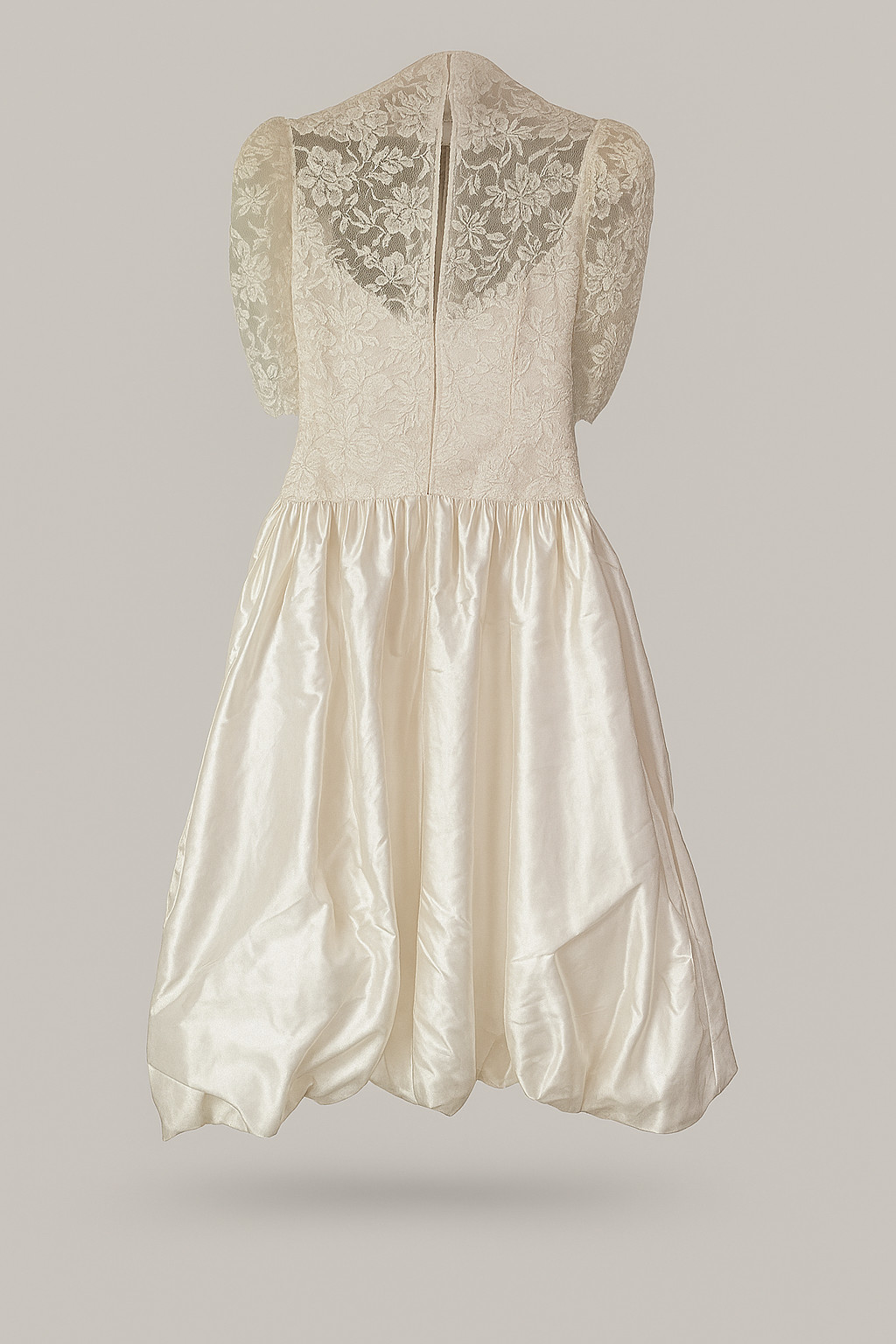 Dessy Creations Vintage 80s Wedding Dress Ivory Lace / Satin High neck &Sleeve