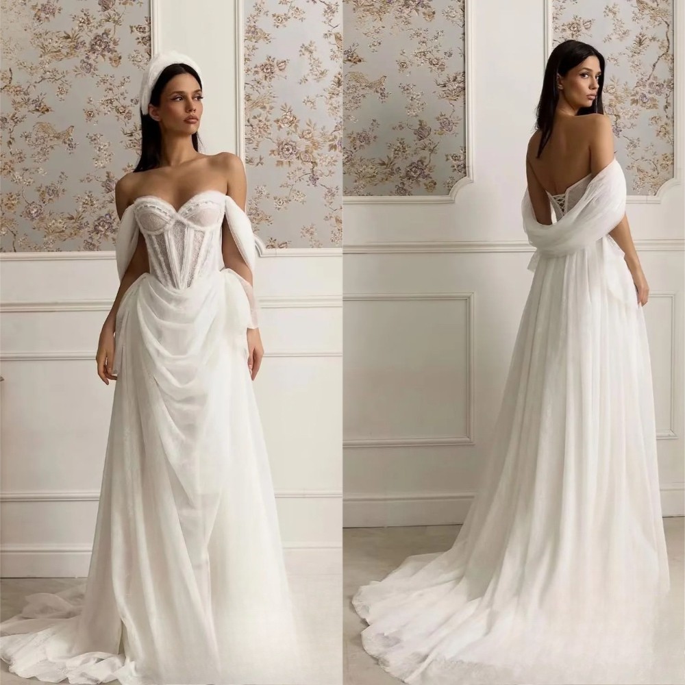 Modern Pleat Lace Wedding Dresses Mermaid Boat-Neck Off The Shoulder Bridal Gown