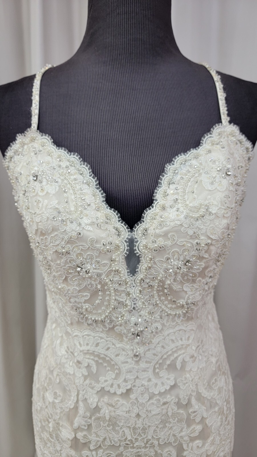 Blu Morilee Bridal 5415 Wedding Dress Sheath Fit Flare Fitted Beach V Neck Lace