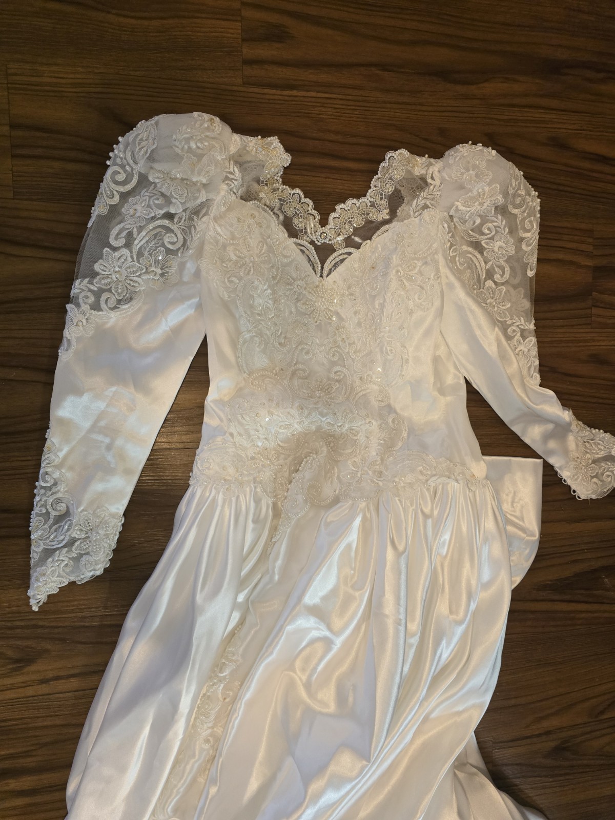 Mary’s White Satin Lace Beaded Bow Long Sleeve V-Neck A-Line Wedding Train