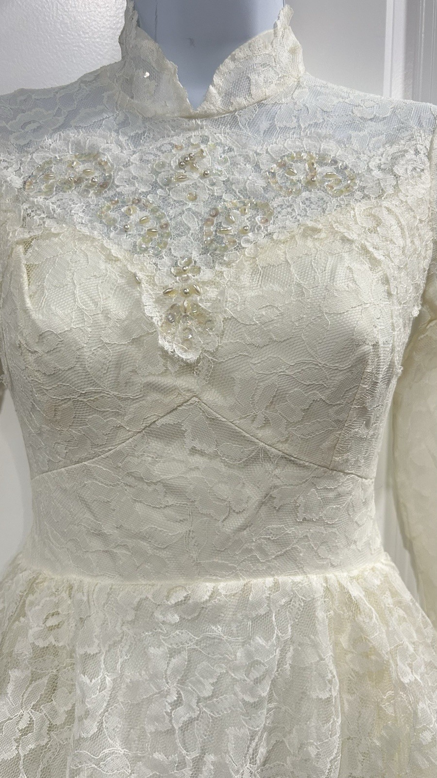 Ivory Lace Long Sleeve High Neck A-Line Wedding Dress with Beading and Ruffles
