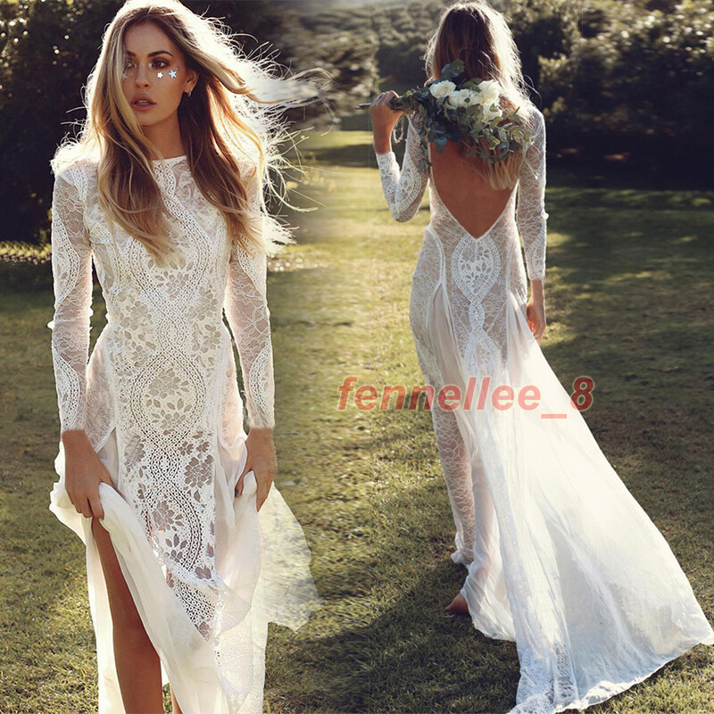 Long Sleeve Backless O-Neck Lace Boho Bohemian Beach Wedding Dress Bridal Gown