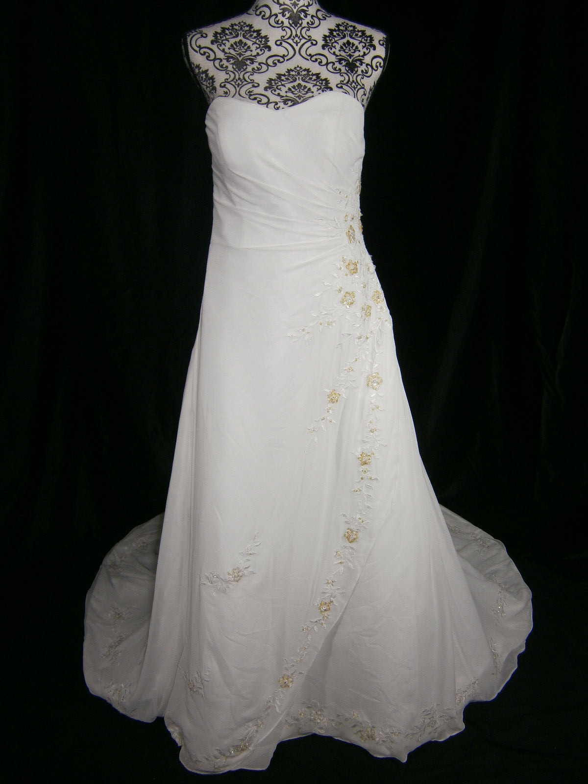 D. Michalik Wedding Dress Off-White Chiffon Strapless Beaded Gold Sequins Train