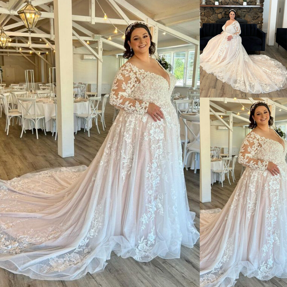 Blush Pink Wedding Dresses Long Sleeves Plus Size Lace Train Beach Bridal Gowns