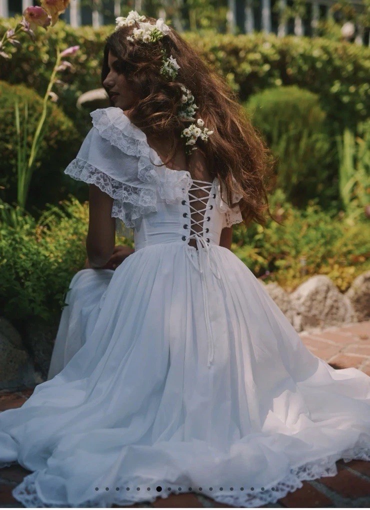 Vintage Midi Wedding Dress Square Neck Ruffle Short Sleeve Boho Lace Bridal Gown