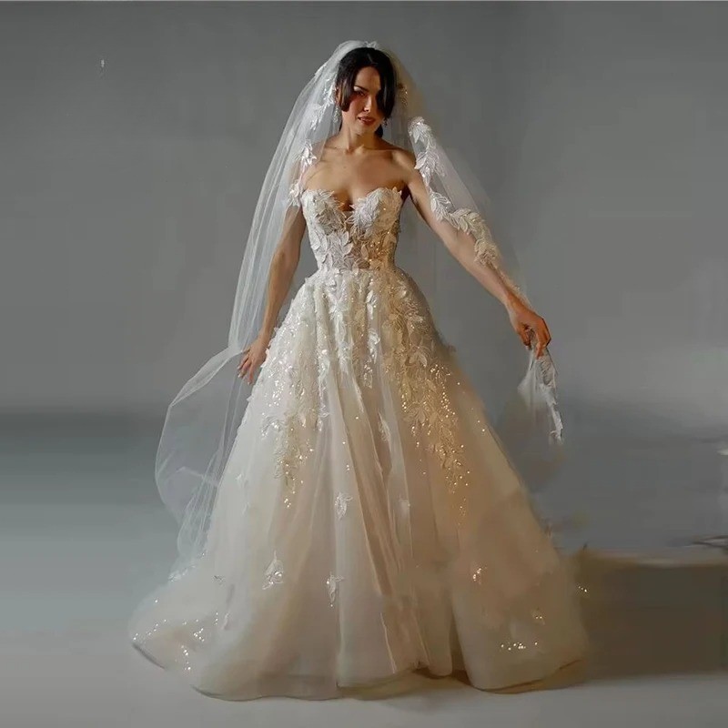 Glitter Strapless Wedding Dresses Boho Mariages Appliques Tulle Sleeveless