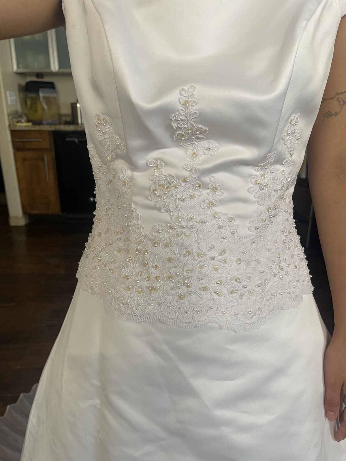 Eternity White Satin A-Line Wedding Dress Scoop Neck Cap Sleeve Lace Train 6