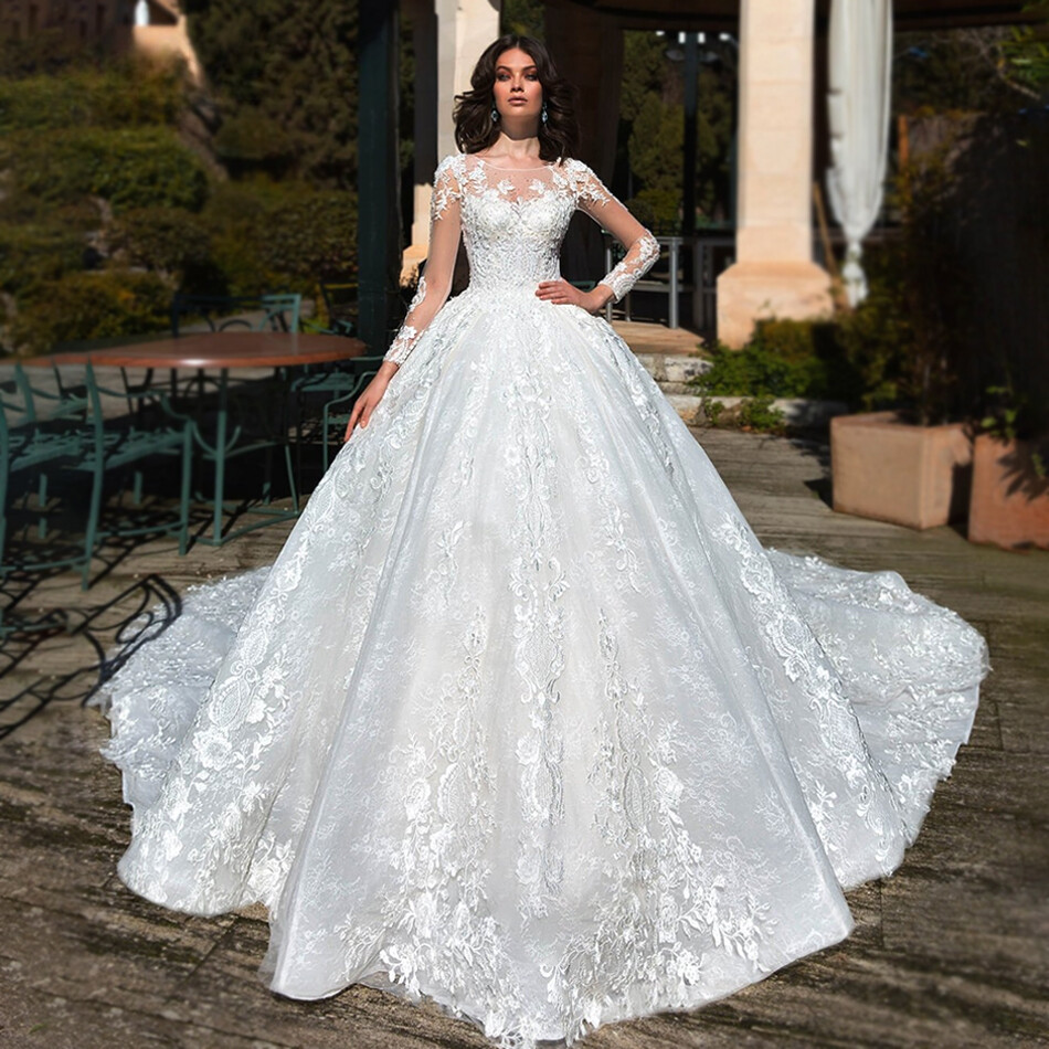 White Ball Wedding Dresses Long Sleeve Crystal Lace Appliques Scoop Neck Gowns