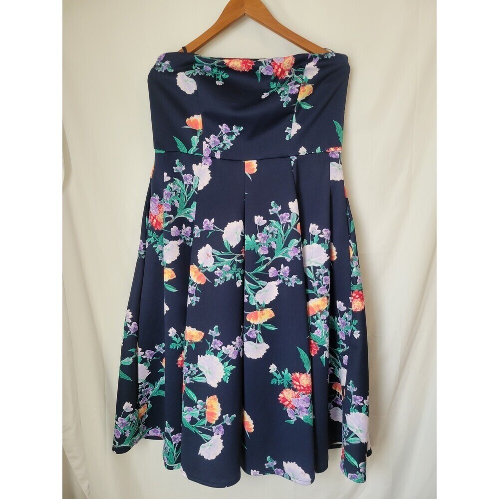 New York & Company Women’s L Navy Blue Floral Strapless Pleated Midi Dress