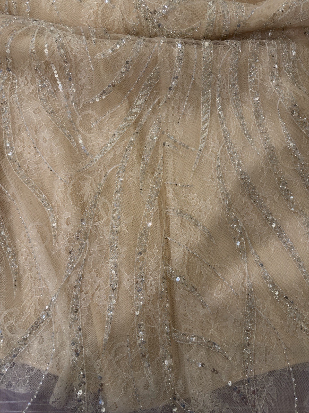 Tarik Ediz Beige Illusion Long Sleeve Beaded Sequin Mermaid Full-Length Gown