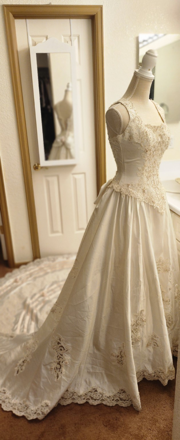 EvaGauthier Ivory Lace Bow Ball Gown Wedding Dress V-Neck Train Petites 4