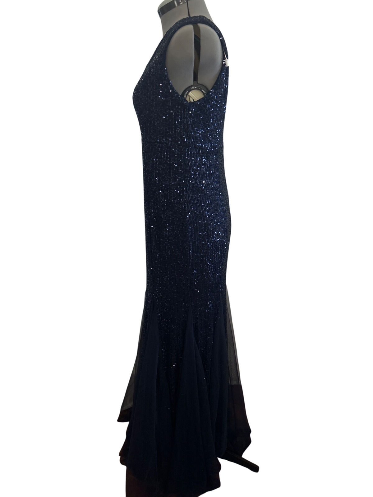 AARFAR Navy Blue Sequin Tulle Gown 2XL Sleeveless V-Neck Full-Length RUNS SMALL