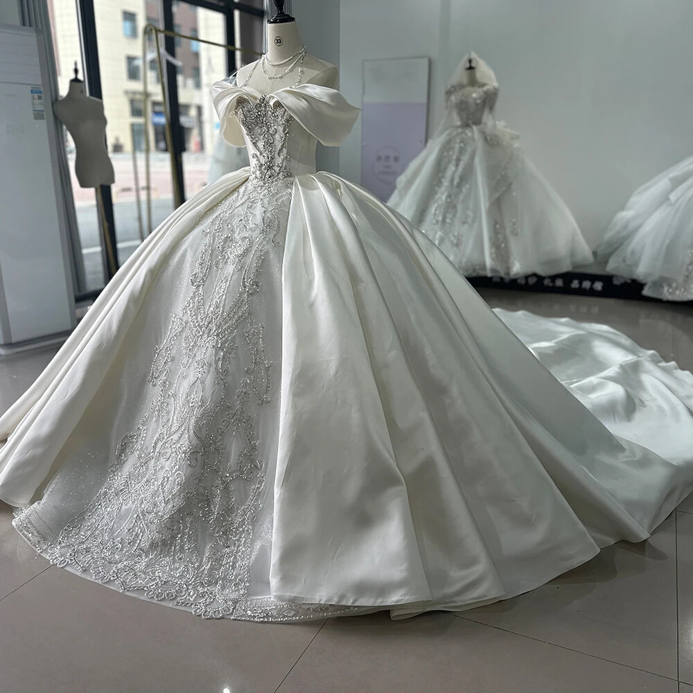 Off Shoulder Satin Beaded Ball Gown Wedding Dress Luxury Bridal Gown With Train
