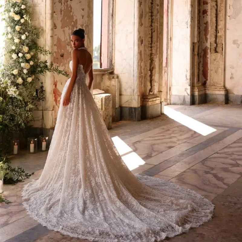Shiny Tulle A-line Wedding Dresses Full Lace Applique with Detachable Train