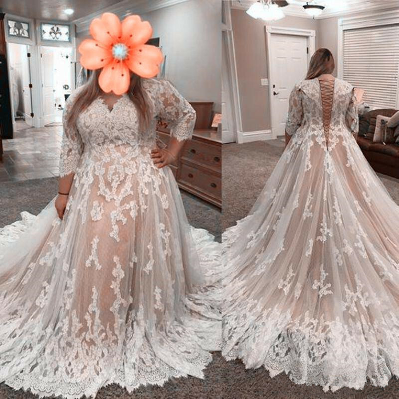 Lace-up Back Champagne Wedding Dresses Plus Size V Neck Long Sleeves Sweep Train