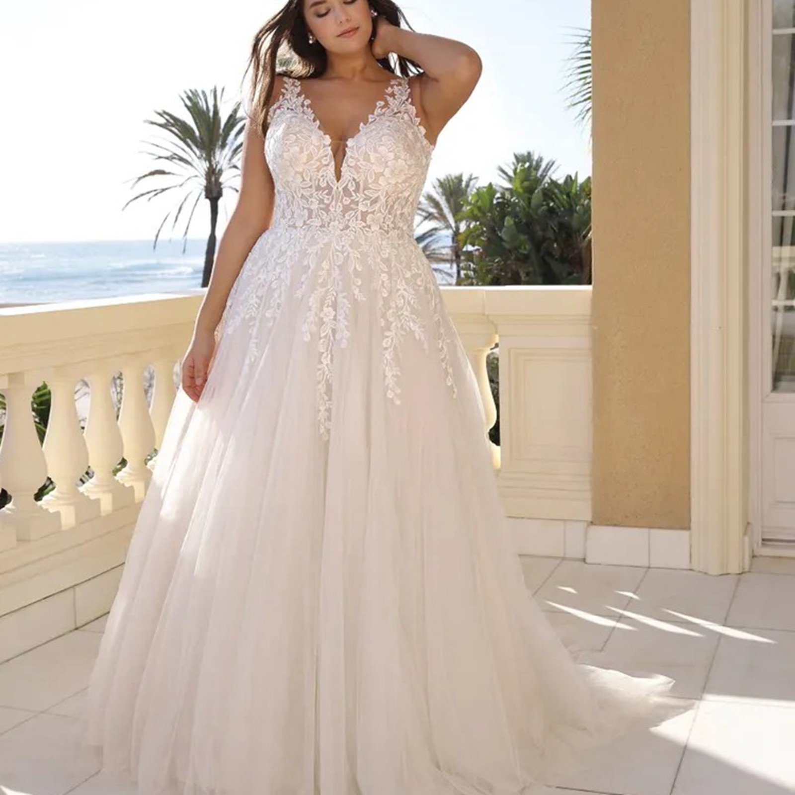Glitter Leaf Lace Wedding Dress Bridal Gown 32-60 Plus Size Strappy Curvy White
