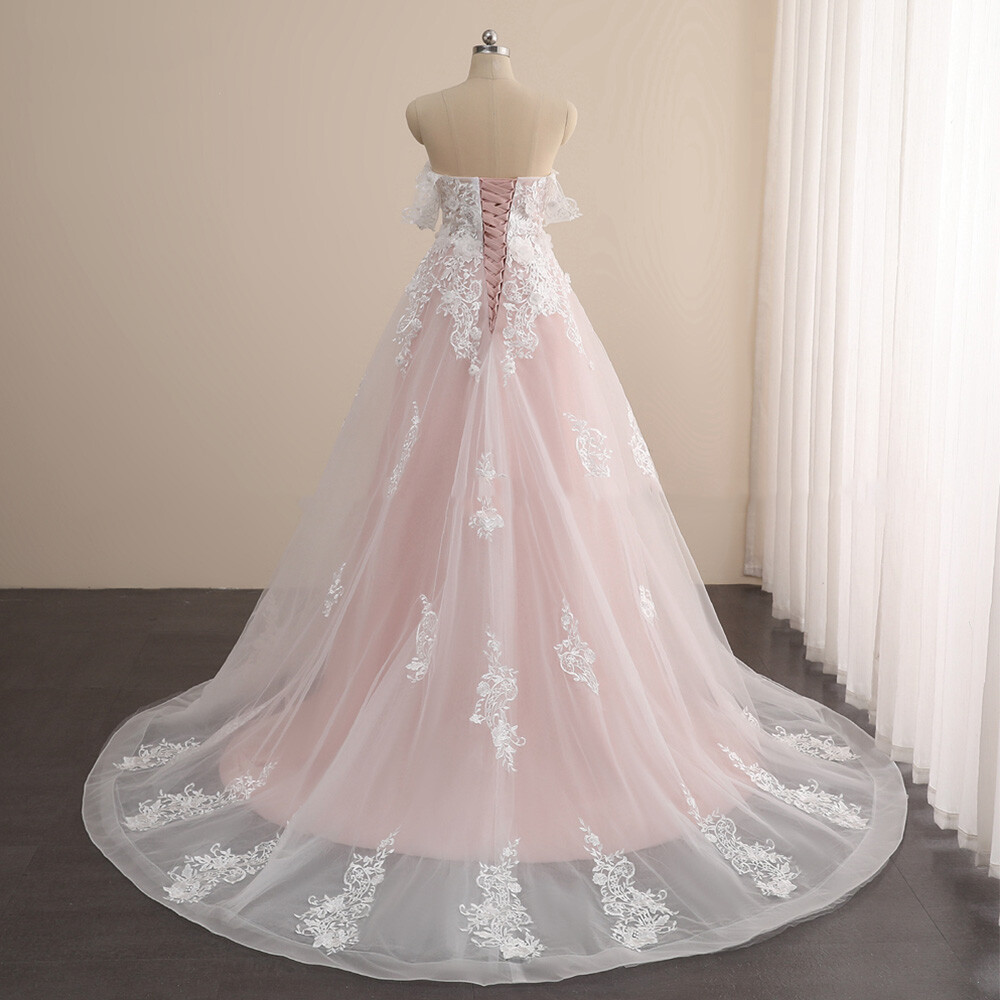 Pink Lace Wedding Dresses 3D Flowers Beaded Off Shoulder Bridal Gown Sweep Train