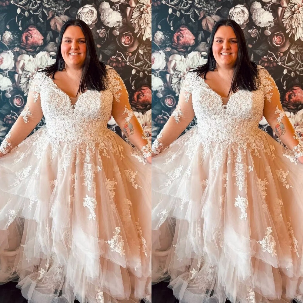 Plus Size Blush Pink Wedding Dresses Long Sleeves Lace Ruffle A Line Bridal Gown