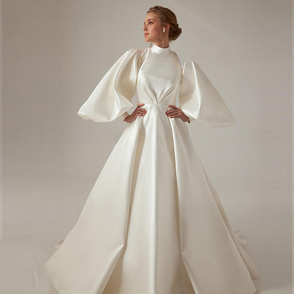 Luxury Mullelin A-Line Wedding Dresses High Neck Puff Sleeved Satin Bridal Gowns