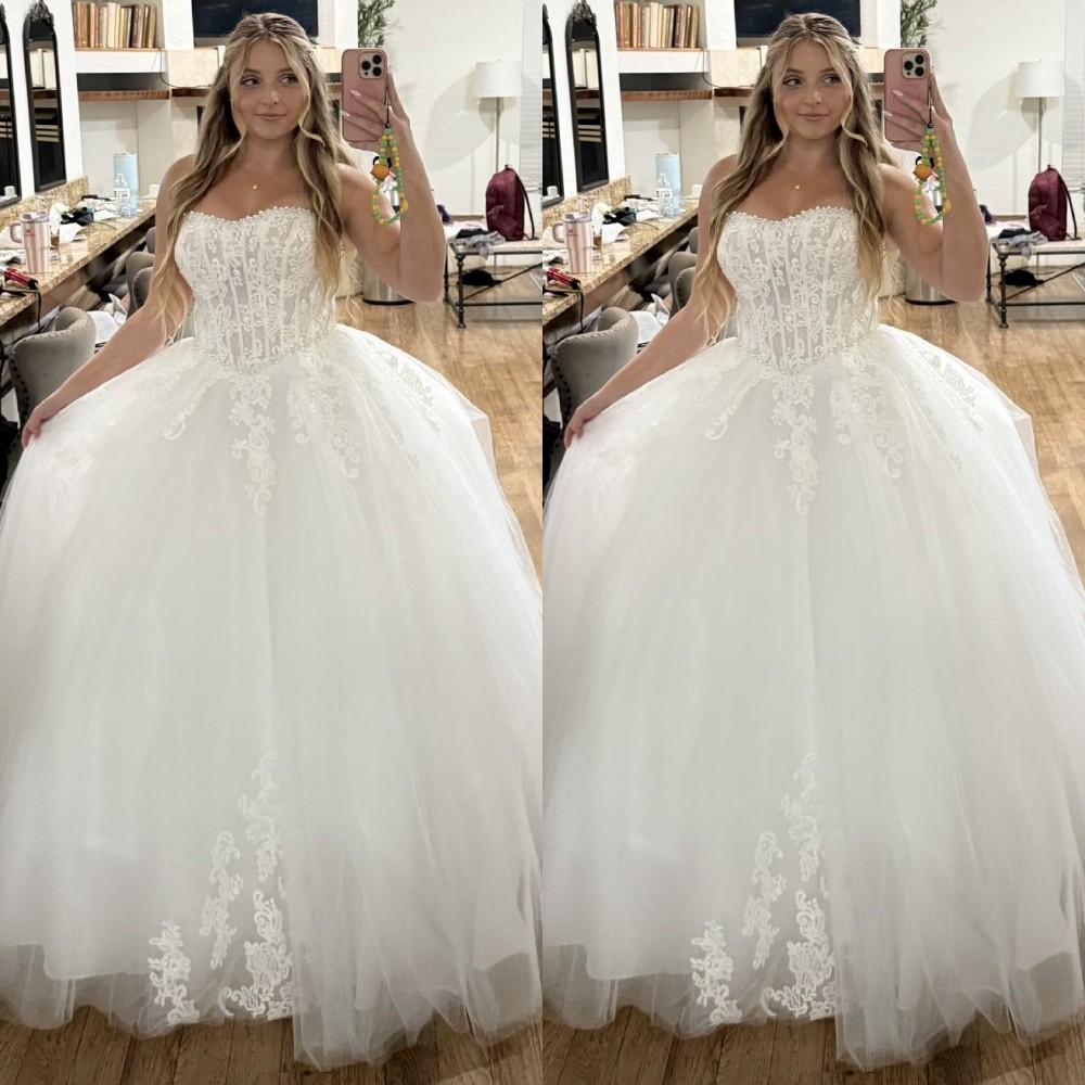 Fairy Wedding Dresses Strapless Lace White Ivory Sweep Train Bridal Gowns
