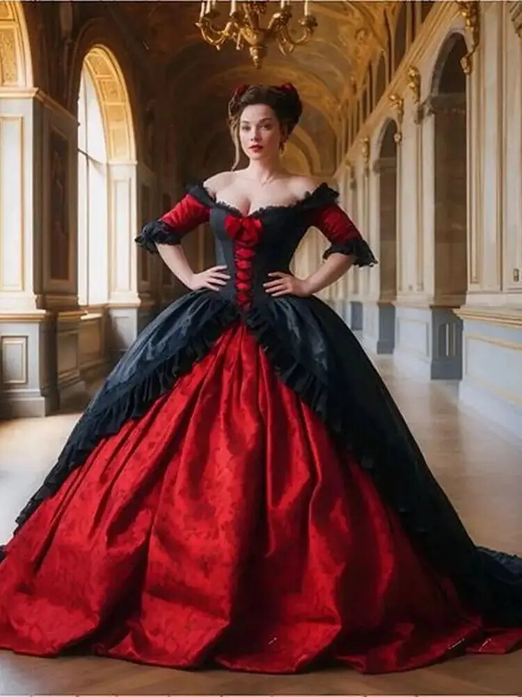 Red And BlackWedding Dresses Half Sleeves Satin Vintage Gothic Wedding Gown