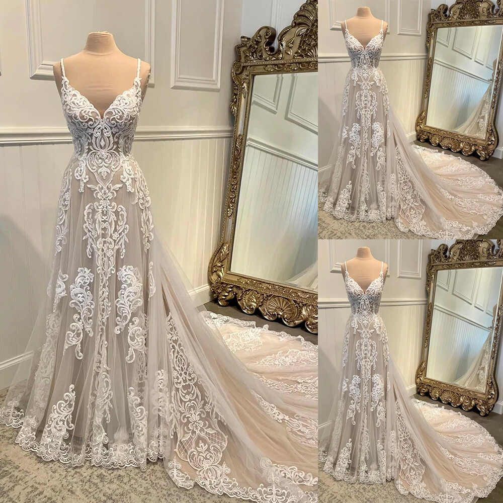 Boho Beach Wedding Dresses Spaghetti Strap Lace Appliques Sweep Train Champagne