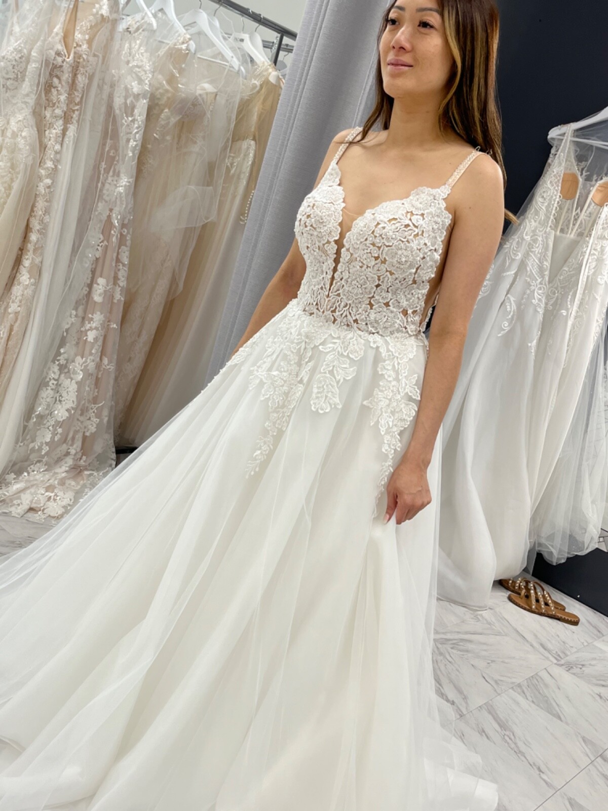 Off-white Beaded top wedding dresses sparkly tulle A-line