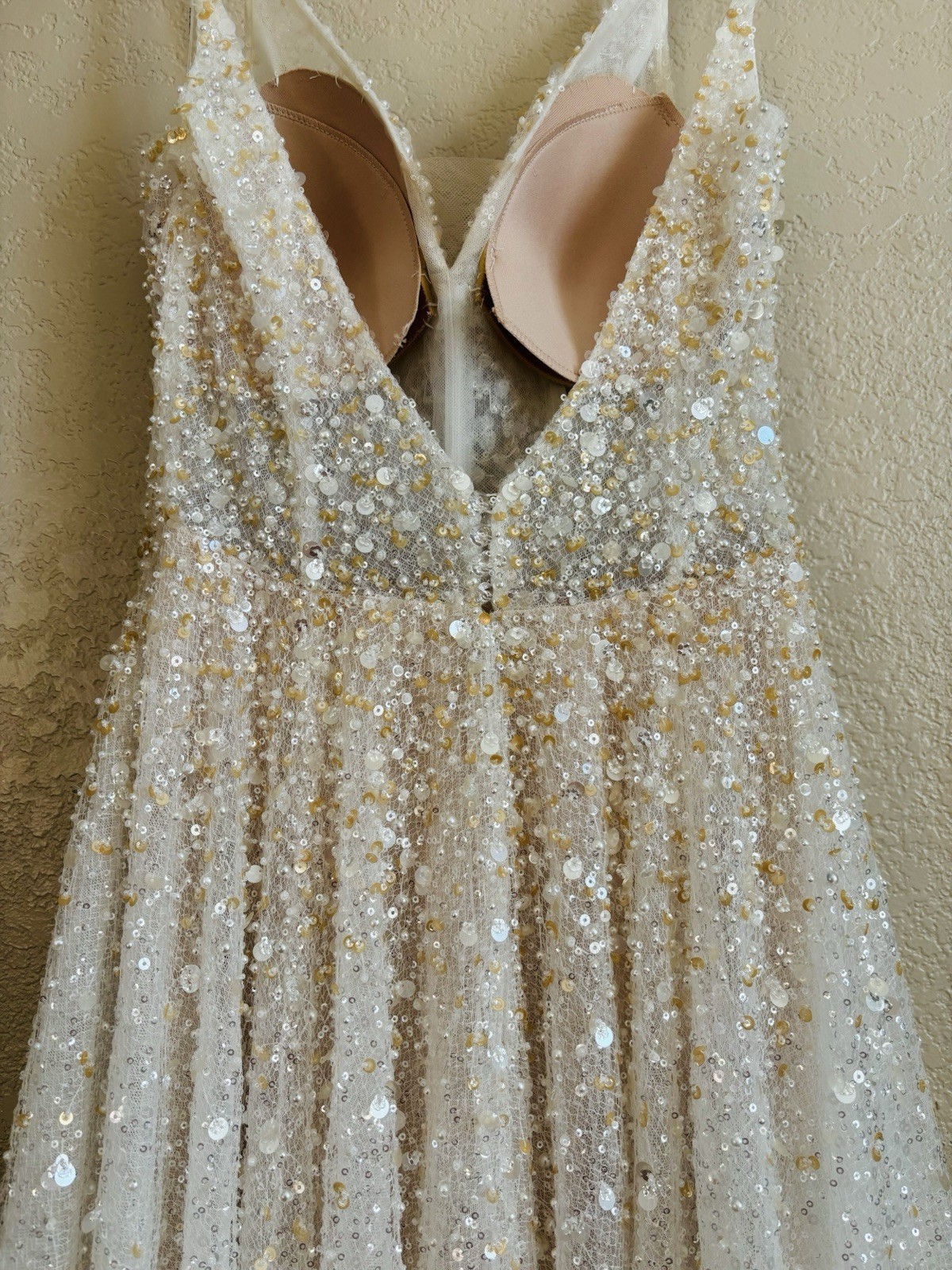 Martina Liana Size 10 Ivory/Champagne Sequin Beaded V-Neck A-Line Gown