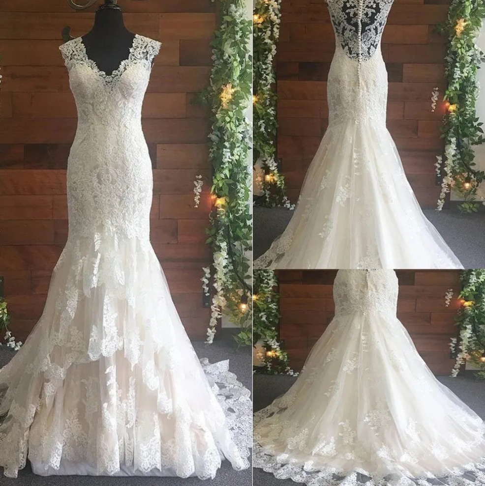 Boho Ruffles Mermaid Wedding Dresses V Neck Lace Appliques Bridal Gown Plus Size