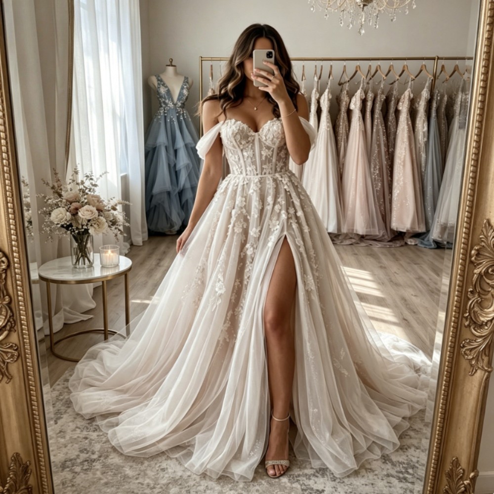 Bohemia Side Slit Lace Appliques A Line Wedding Dresses Beach Tulle Bridal Gowns