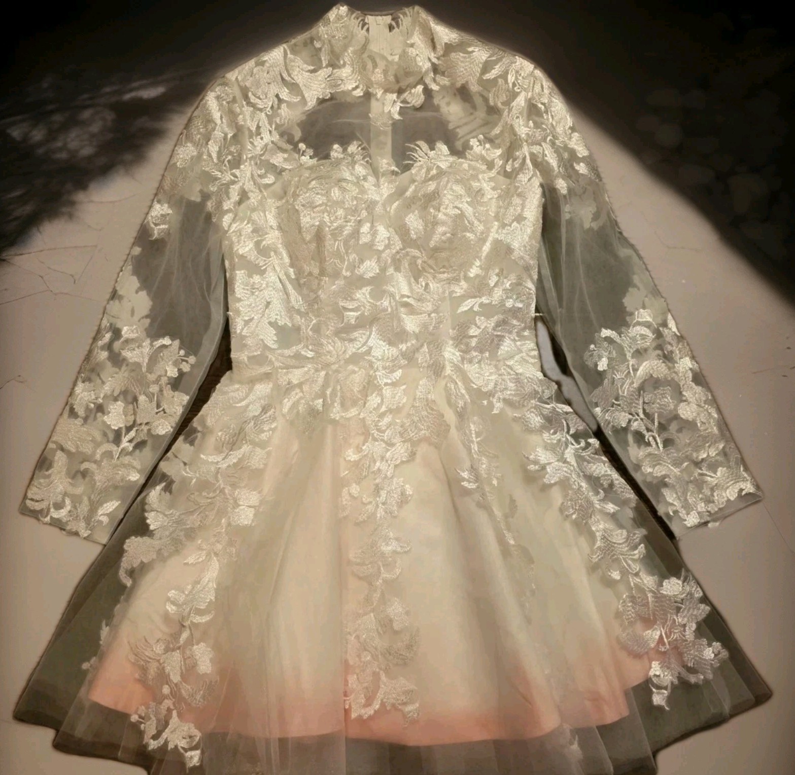 Custom Lace Illusion Mini Wedding Dress Sz M Sheer Long Sleeve Tulle Bridal Pink