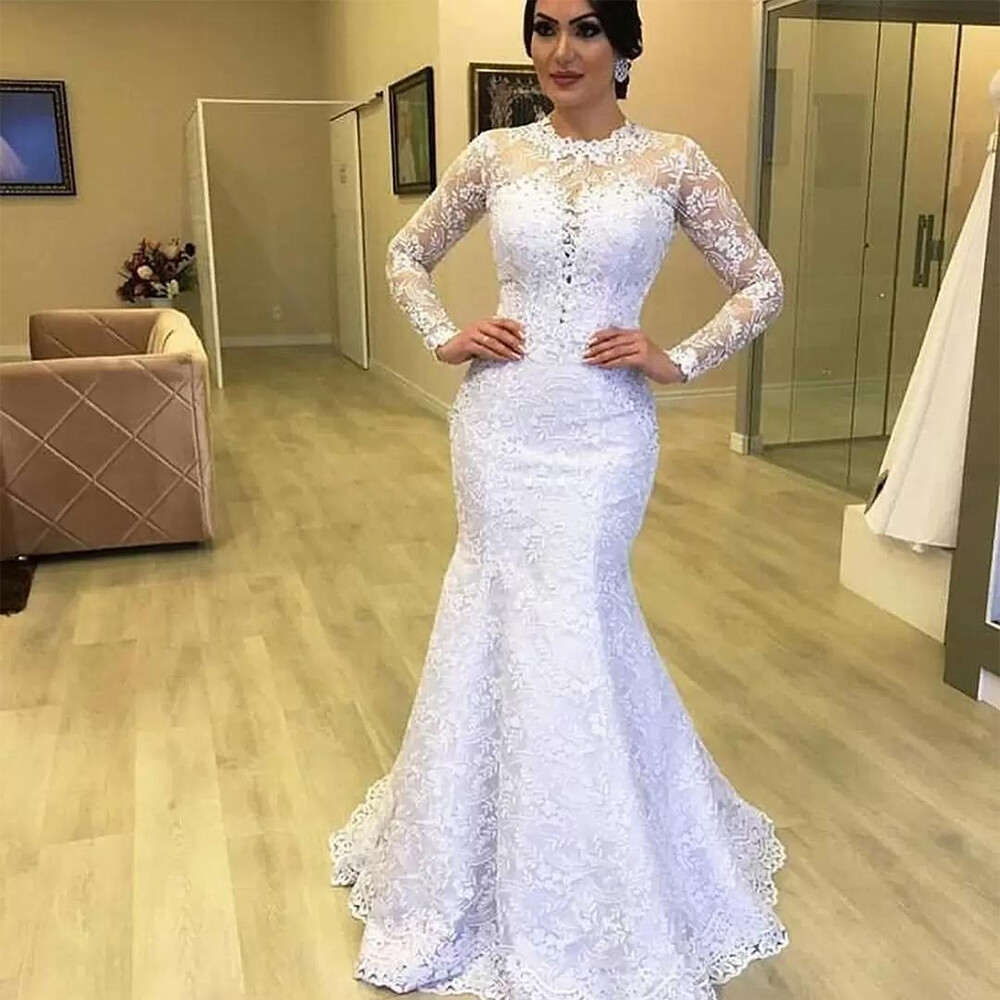 Vintage Mermaid Lace Wedding Dresses White Long Sleeves Scoop Neck Bridal Gowns
