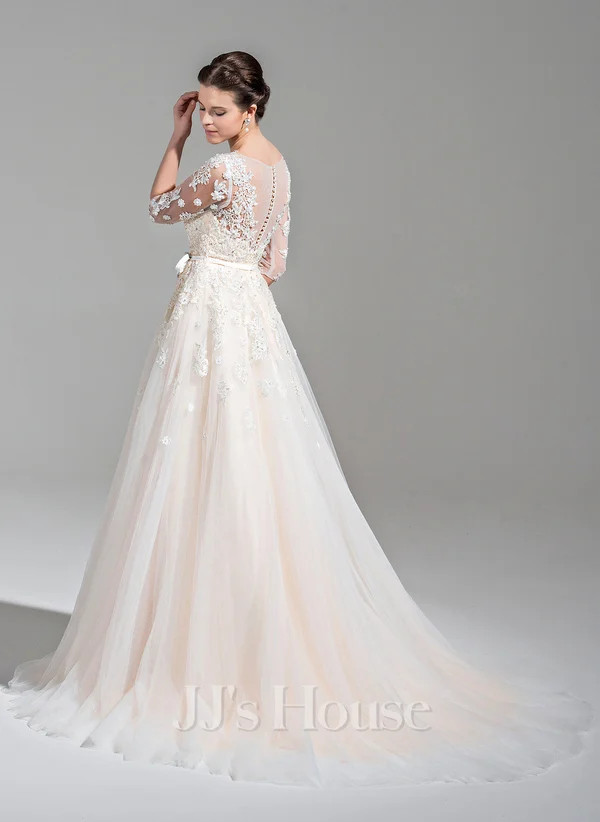 Ball-Gown/Princess V-Neck Court Train Satin Tulle Wedding Dress with Bow Sequins