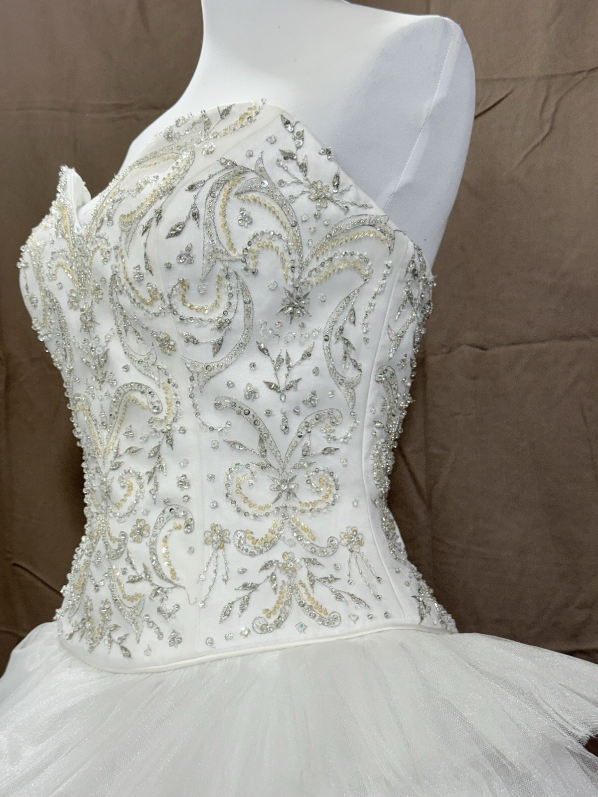 Moonlight Sz 8 White Strapless Beaded Bodice Tiered Layered Tulle Wedding Dress